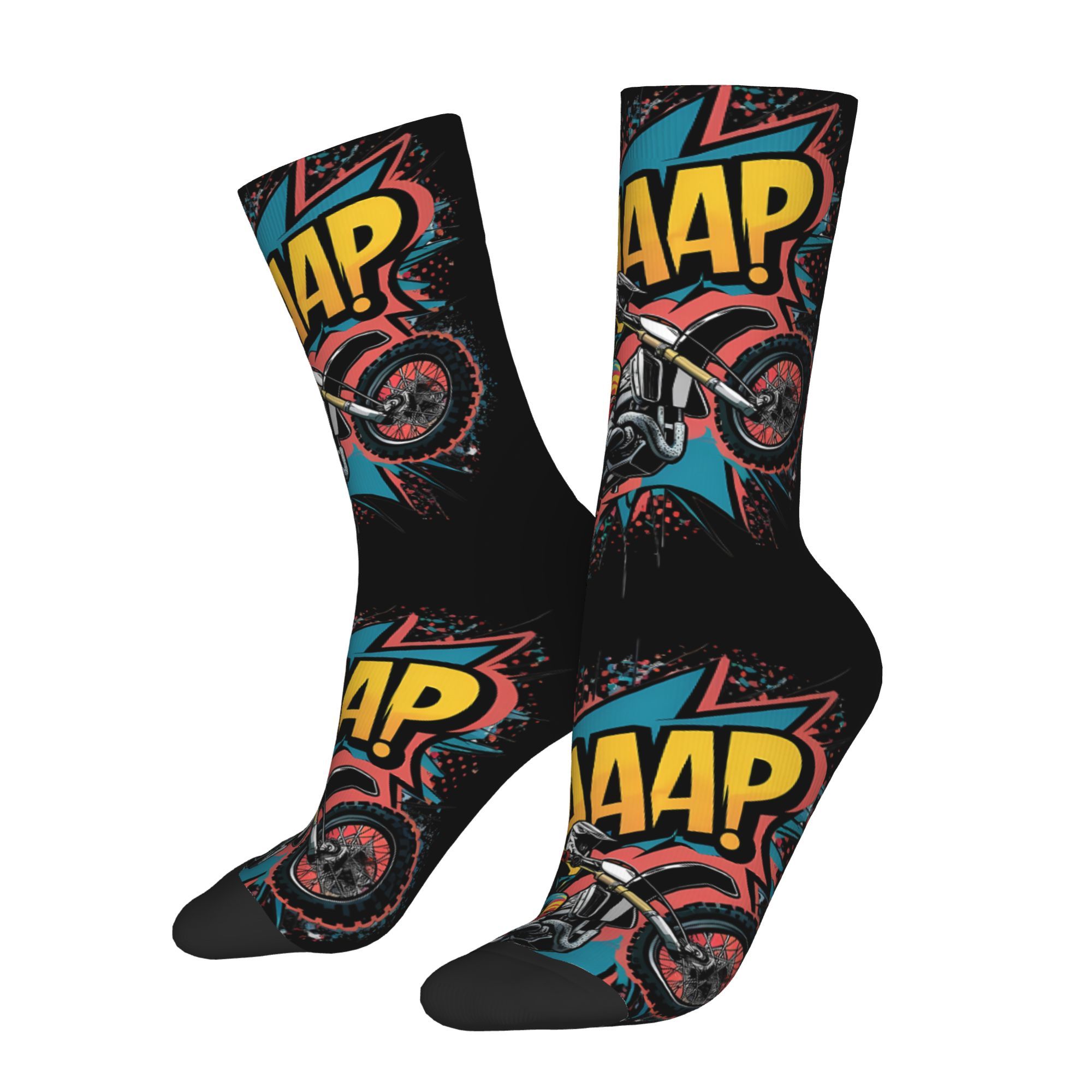 

1pc Ride Motorbike-inspired Men's Crew Sock - Vibrant Motorcycle Print, Breathable Polyester , Fit For Casual Attire, Motorcycle Accessories