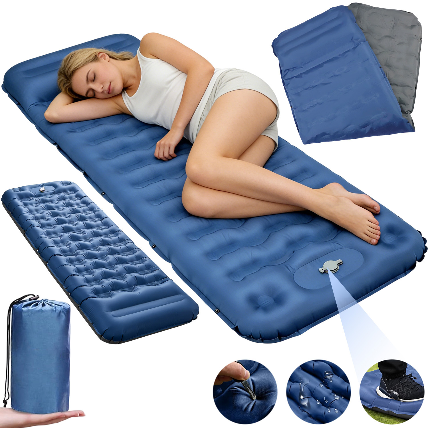 Image of 196 X 13 Cm Inflatable Sleeping Mat With Built-in Foot Pump, Portable Thickened Inflatable Sleeping Pad For Camping Hiking Mountaineering Fishing