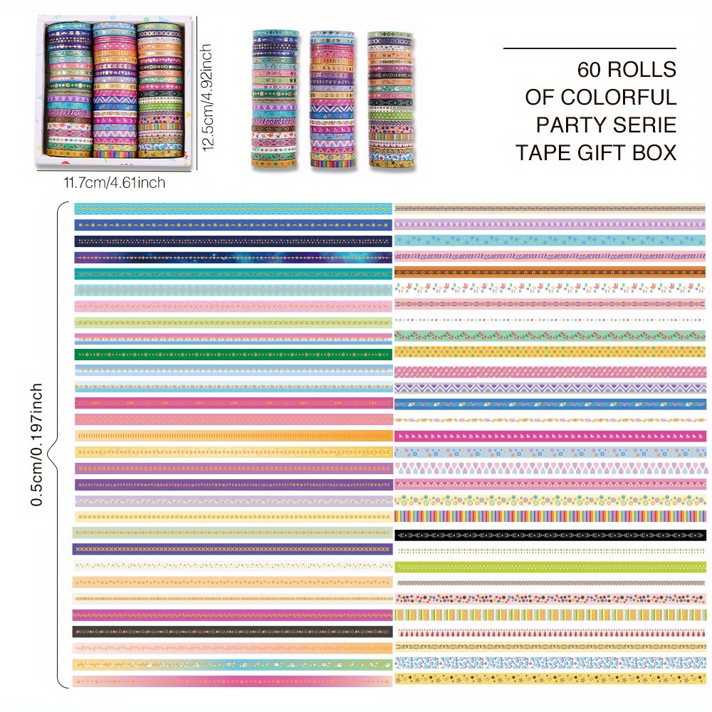 Image of 60 Rolls Retro Decorative Tapes Set, Colorful Washi Tape Slim With 30 Rolls Bronzing Foil Accents, Festive Theme Planner Additions Perfect For Crafts, Scrapbooking, Gift Wrapping, Party Decorations