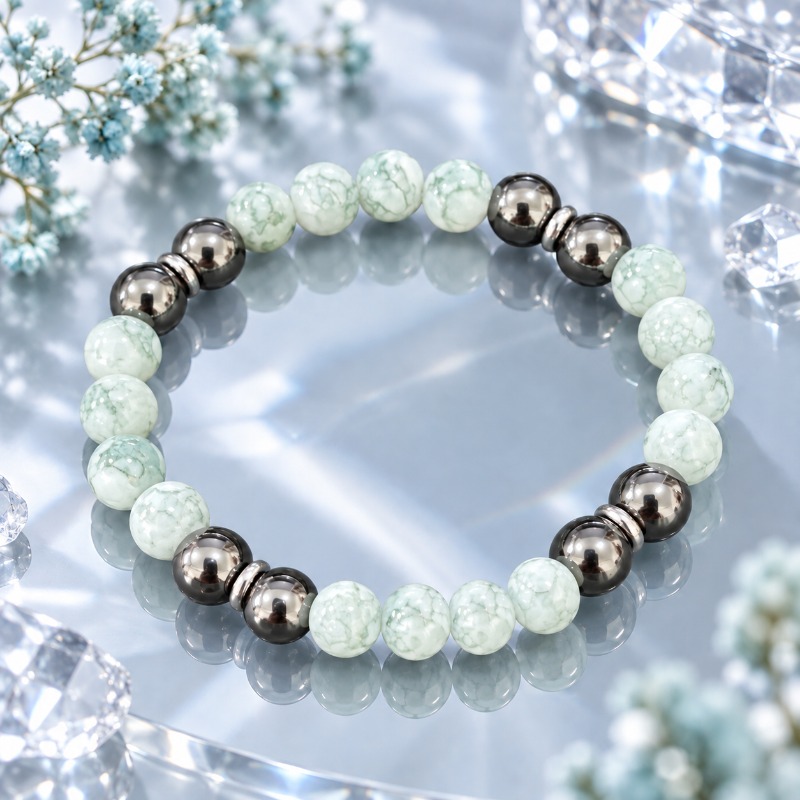 Exquisite Handmade Bracelet with Natural Green Water Ripple Beads