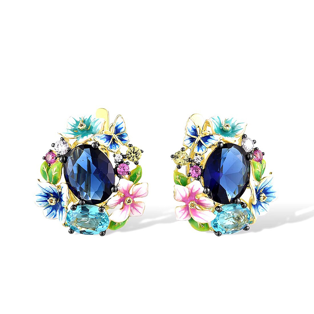 E-shop Retro Exquisite Bunte Öl-Tropfen Blumen Design Einfassung Ovale Blaue Zirkonia Ohrringe für Frauen Täglich Lässig Party Jahrestag Schmuck