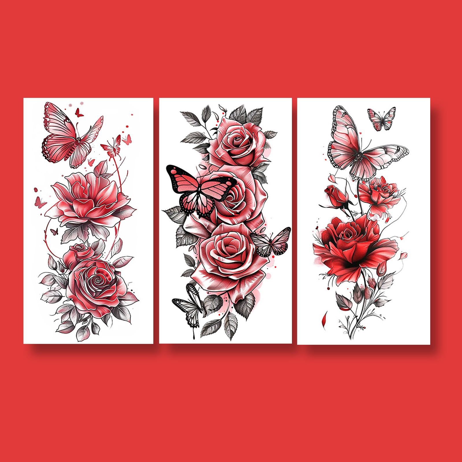 Image of Set Of 3 Temporary Tattoo Stickers Featuring Red Flowers And Butterflies, Designed For Women. Waterproof And Durable Fake Tattoos Are Suitable For The Arm, Leg, And Chest