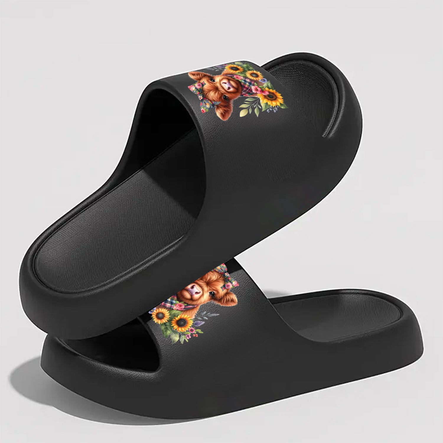 TEMU Women's Highland Cow & Sunflower Slippers - Sole Open-toe Slide Suitable For Indoor/outdoor, Beach, Cottagecore & Scottish-themed Footwear,