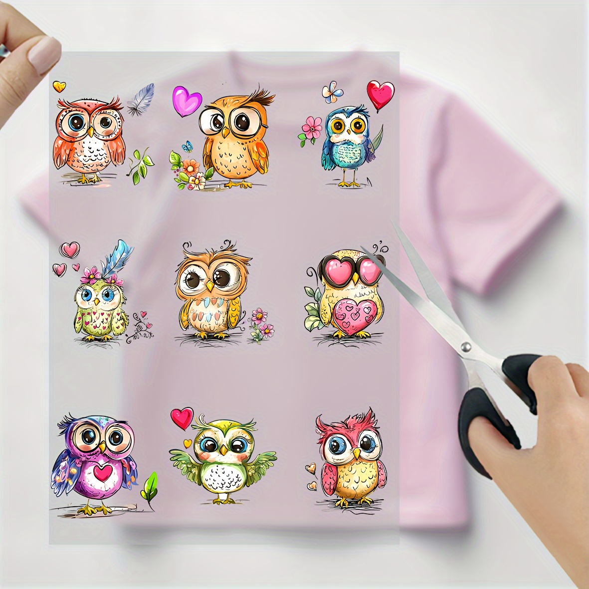 Image of 9pcs Of Cute Cartoon Owl Lady Patterns, Heat Transfer Washable Iron-on Patches, Suitable For T-shirts, Jeans, Masks, Backpacks, Sewing Decals, Handicrafts, Art Supplies, Polyurethane