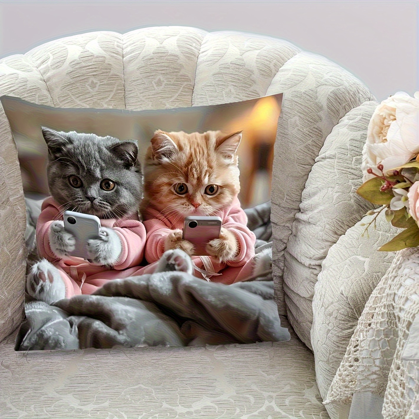 1pc cute   tabby kittens in pink hoodies using phones pillow cover dual sided printed   with zipper closure machine washable grey background decor for sofa bed chair birthday thanksgiving gift for cat lovers home decor accent bedroom accessory   design   print pet owners   thanksgiving Product details 6