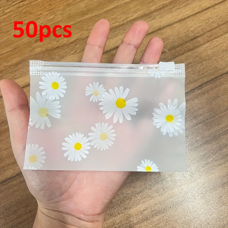 TEMU Cadeau pour elle/lui 50pcs Sacs à fermeture éclair en plastique à motif marguerite, sacs de rangement transparents réutilisables, adaptés aux