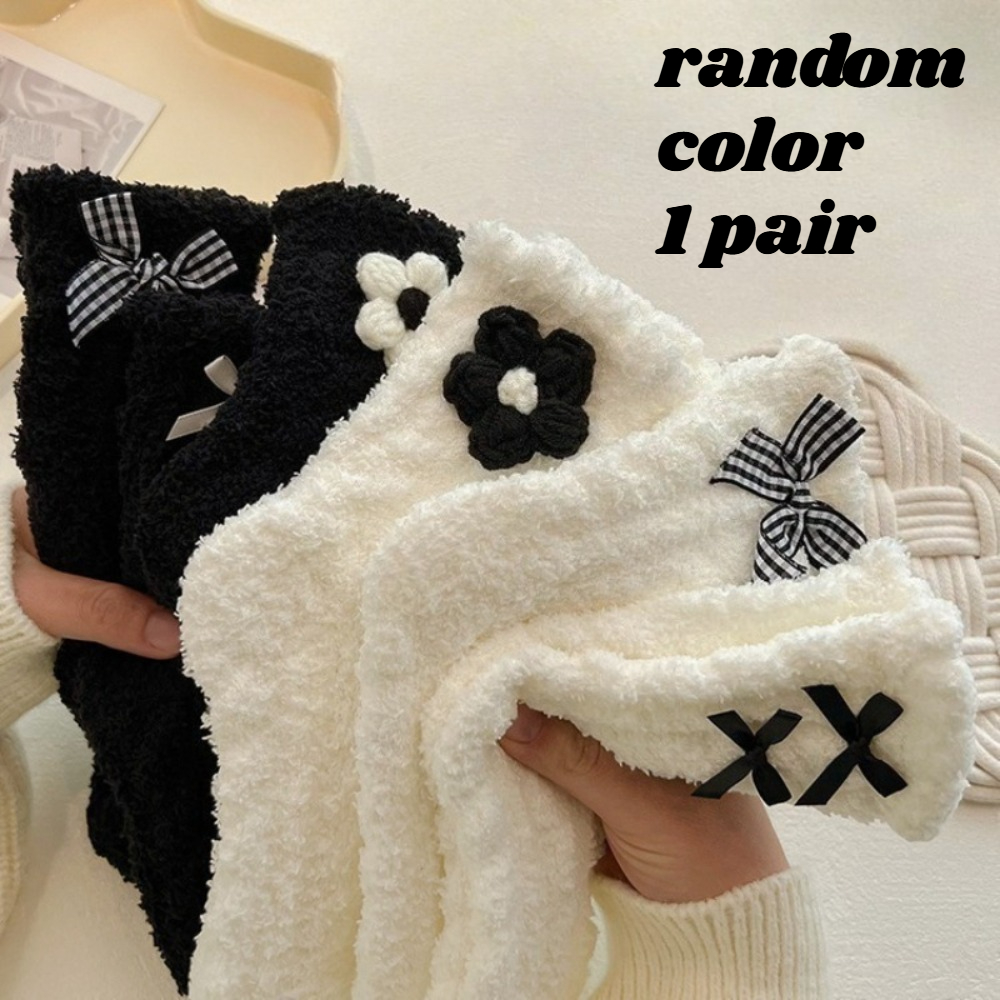 TEMU 1pair Of Random Color And White Accessories Coral Fleece Thermal Socks Autumn And Winter Fleece Thickened Sleep Socks Floor Socks Socks Women