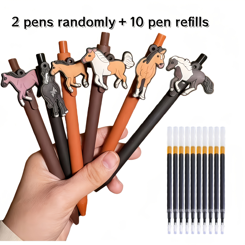 TEMU 12pcs (random 2 Pens + 10 Refills) Horse-themed Party Gift Pens, Black Ballpoint, Smooth Writing, For Office, School, And Home Use, Gift For ,