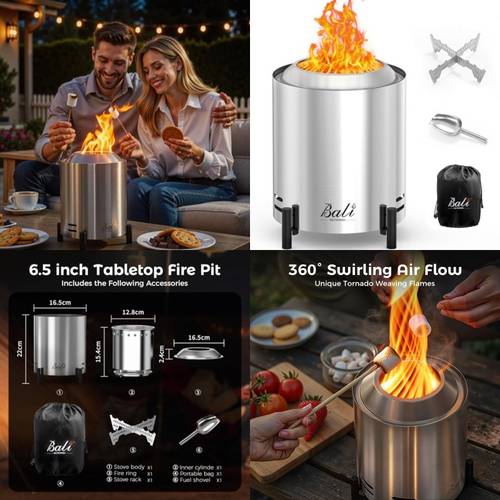Outdoor Fire TableTable Pit, Portable Smokeless Fire Pit with Cover, Stove Rack, Small Table pit for Outdoor, Garden, Patio, Camping, Wood or Pellets, Stainless SteelOutdoor Fire Table