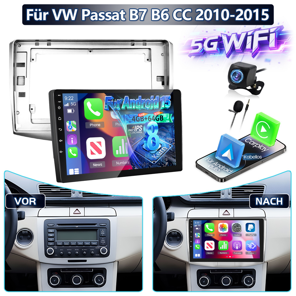 Image of 8core 4gb+64gb 15 Autoradio Radio For Vw B7 B6 Cc 2010-2015 Car Stereo With Auto, 10.1 Inch Ips 1080p Touch Screen Radio With Dsp, Gps, Wifi, Eq, Bt, Swc, Fm Rds Radio Wit