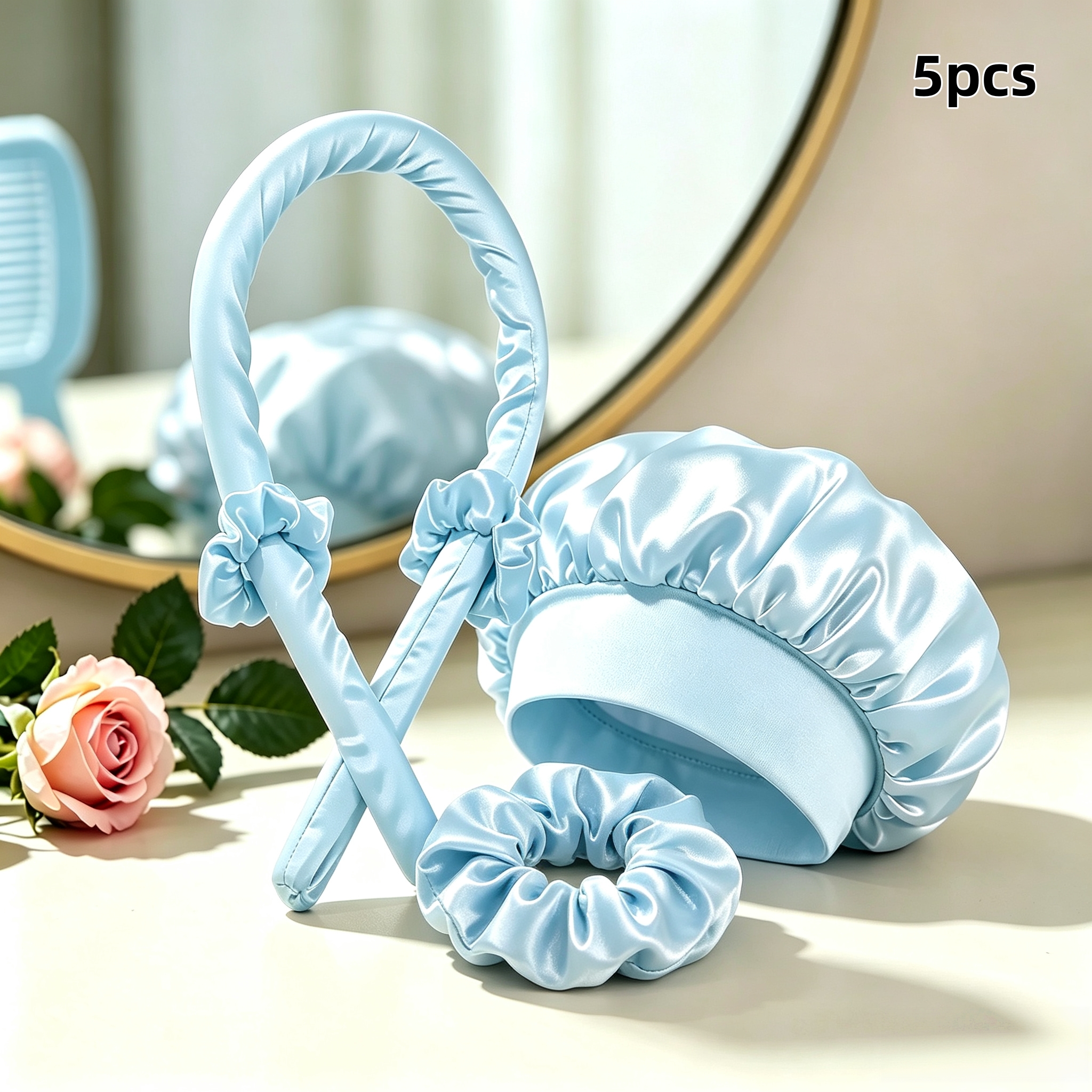 TEMU 5pcs Women's Multicolor Satin Sleep No-heat Manual Curling Rod And Satin Sleep Bath , Hair Tie, Soft Wavy Hair Styling Tool, Suitable For Best