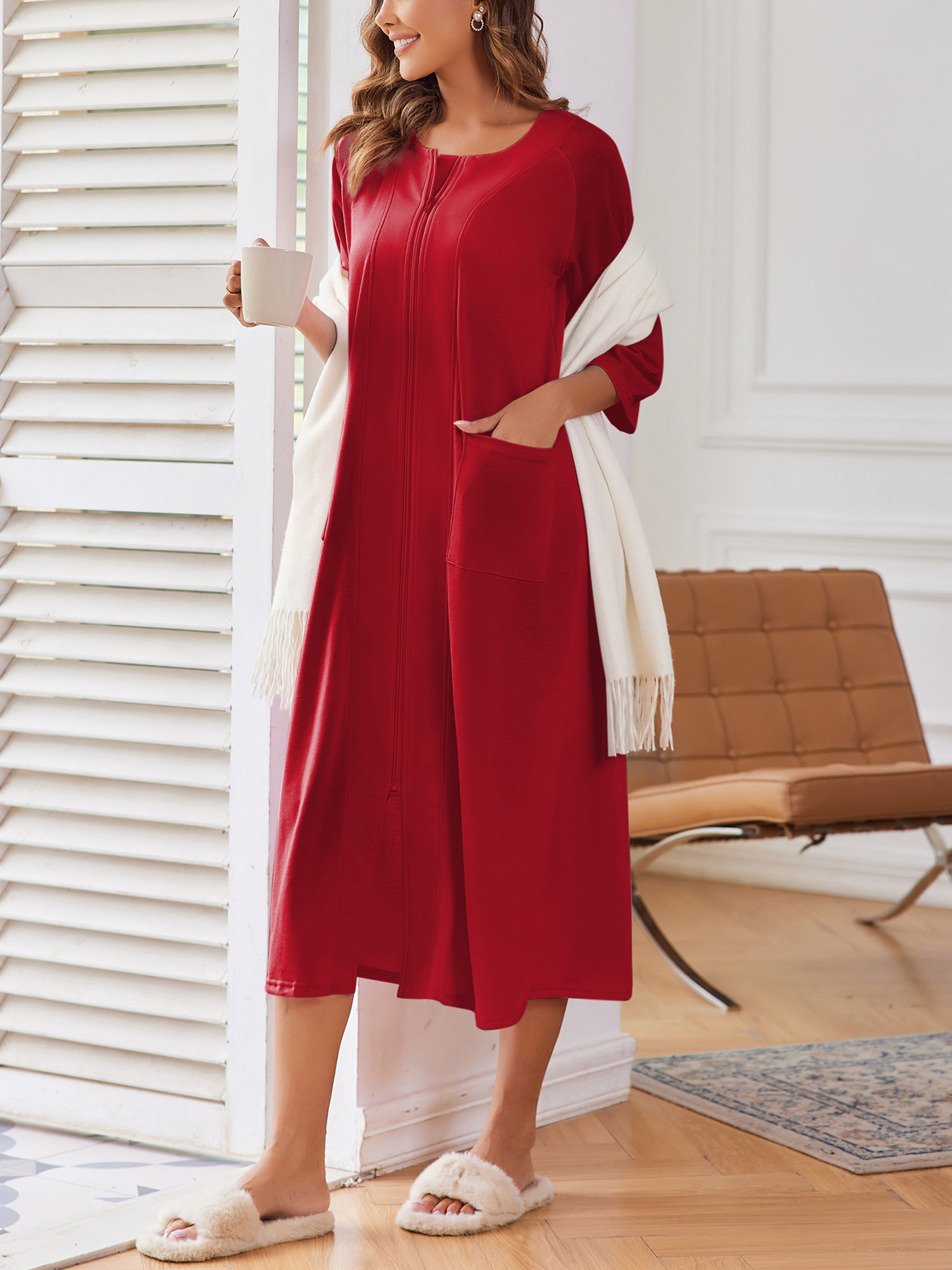 elegant stylish dressing gown lightweight knee length housecoat with two large pockets women zipper robe waffle v neck short sleeve knit bathrobes zip front casual house dress for women soft and comfortable