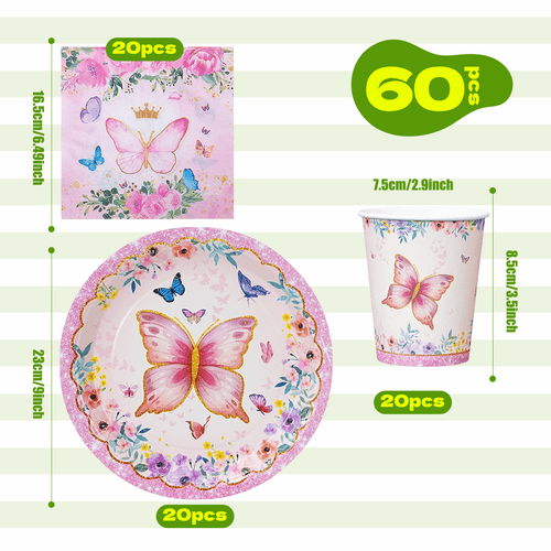 60pcs pink floral party tableware set 20 x 9 inch plates 20 x paper cups 20 x napkins features colorful butterflies with floral a gentle and for table settings