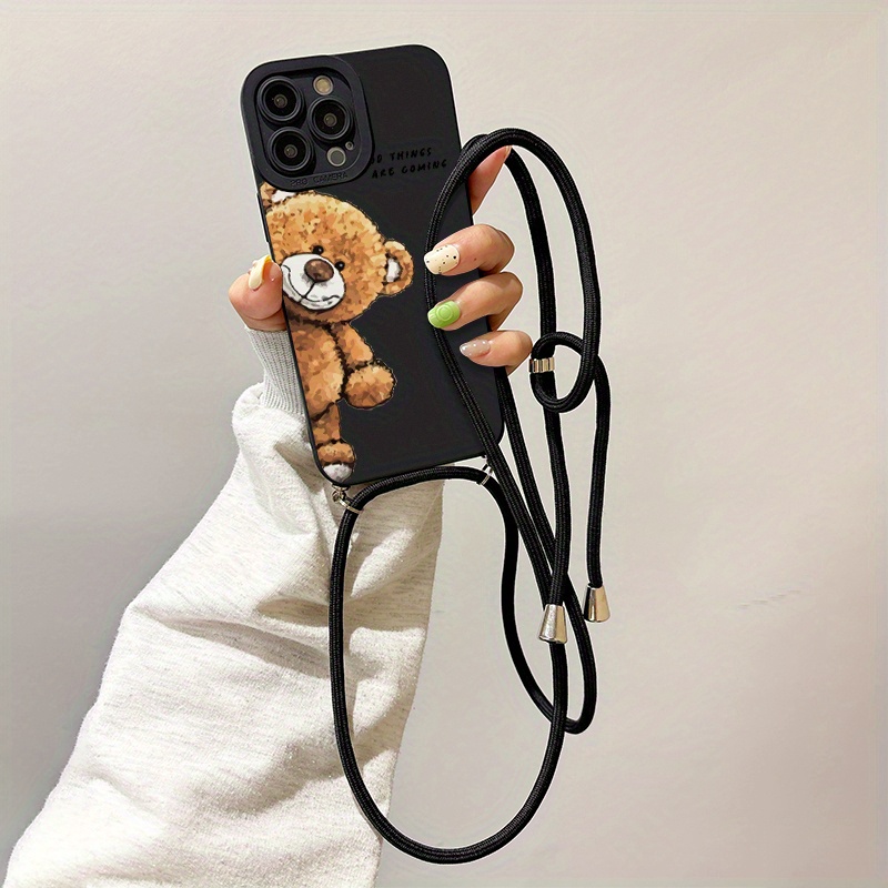 TEMU Custodia per telefono - Custodia completa con cordino in stile cartone animato con design orso marrone, compatibile con i modelli di iPhone 16,