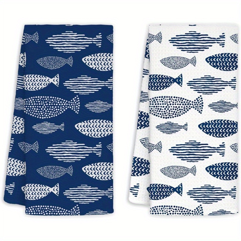 TEMU 2pcs 18Ã26 Inch Coastal Beach Kitchen Towels Set Of Beach Hand Towels For Bathroom, Fish Decor Dish Tea Towels, Bathroom Decor