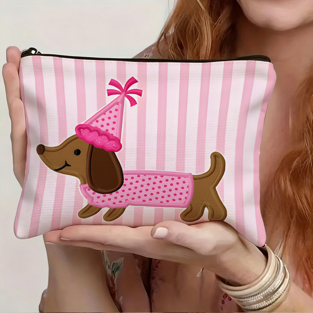 TEMU Cartoon Poodle Print Toiletry Bag Makeup Bag, Featuring A Brown Poodle Wearing A Top Hat On The Design, Double-sided Print, Suitable For Storing