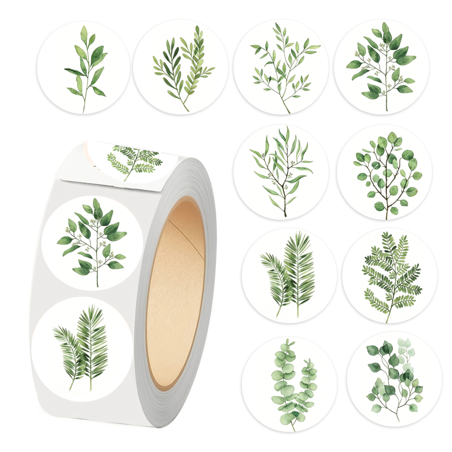 Image of Watercolor Green Leaf Stickers Roll, 500pcs Self-adhesive Eucalyptus Olive Fern Stickers, Boho Botanical Plant Labels For Envelope Sealing, Gift Wrapping, Scrapbooking, Wedding, And