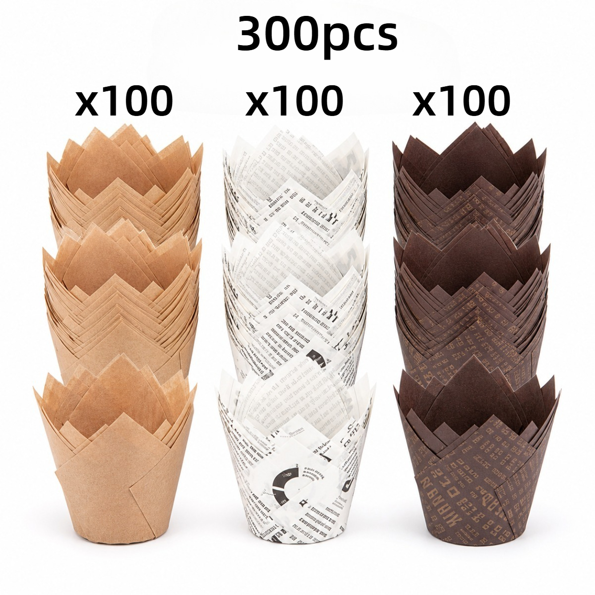 TEMU 300pcs Tulip Muffin Liners, 3 Styles Greaseproof Baking Cups, Vintage Newsprint And Paper Cupcake Wrappers For Bakery, Home Baking, Dessert
