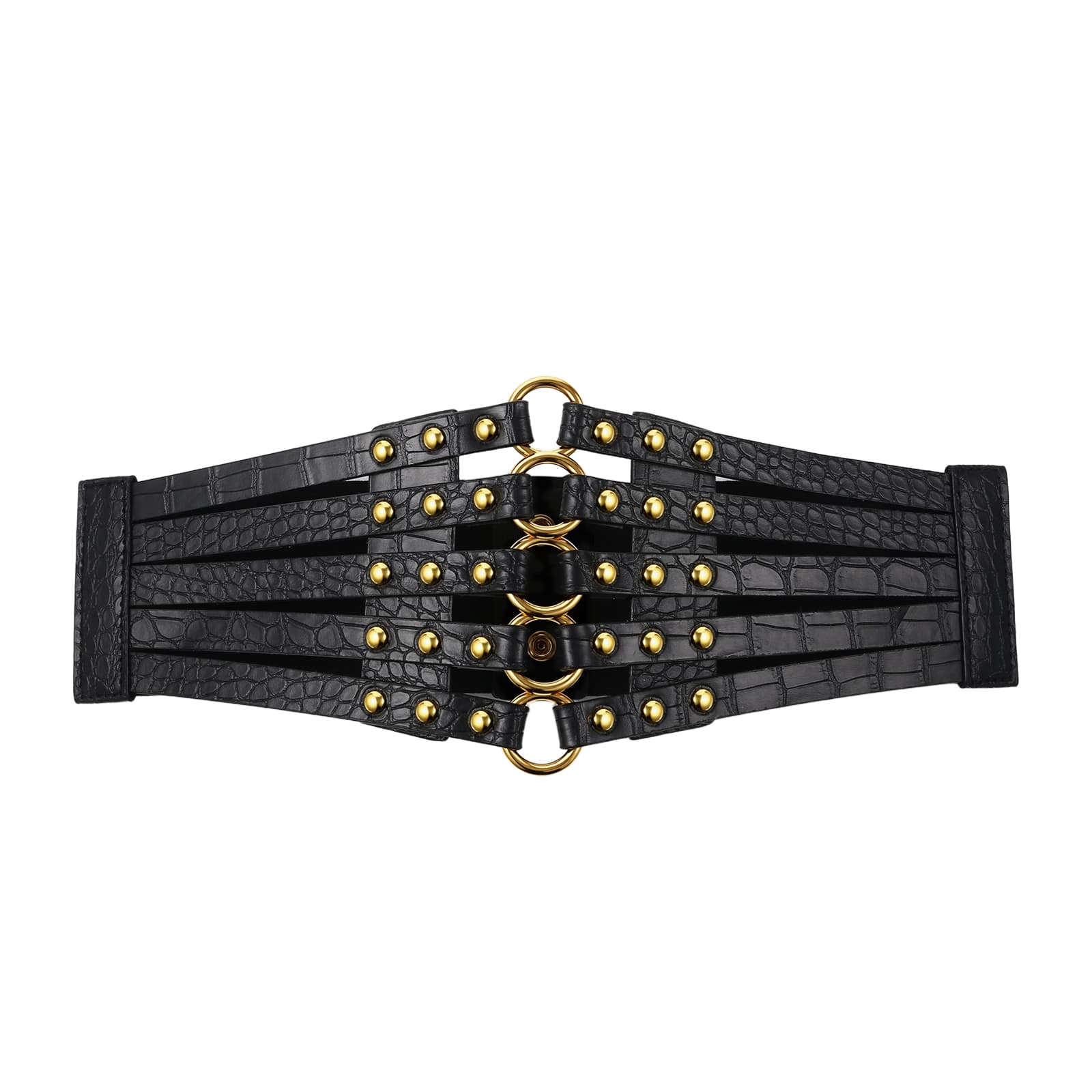 Image of Women's Gothic Retro Wide Adjustable Corset Belt - Lace-up Rivet Hollow Out Design Cinch For Dresses Gothic Outfit Black