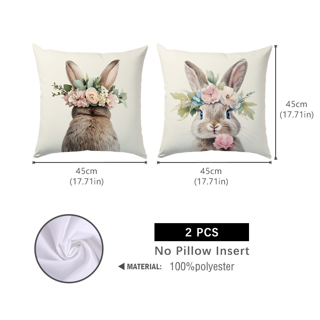 Image of 2pcs, Single-sided Printed Pillowcase, Rabbit With Wreath Pillowcase, 17.7*17.7in, Home Decor Pillowcase Suitable For Living Room Sofa Bedroom, Pillow Insert Not Included