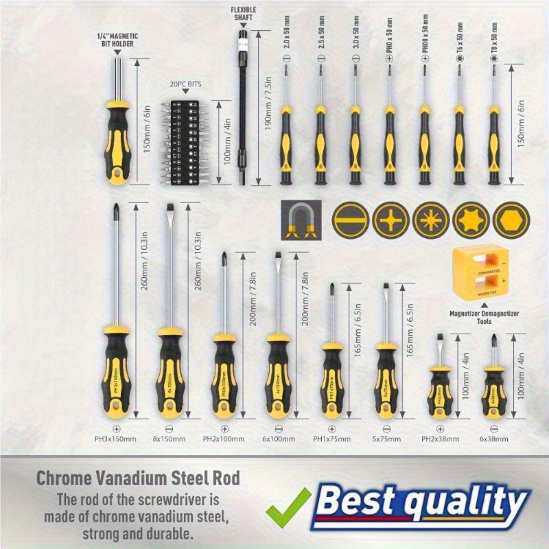 1 Caja de Juego de Llaves de Tornillo Profesional Actualizado con Soporte Magnético para Brocas - Material de Acero Cromo Vanadio, Incluye Llaves de Tornillo de Pico Plano, Phillips, Hex, Llave de Precisión - Kit de Reparación Duradero para Uso Casero e Industrial