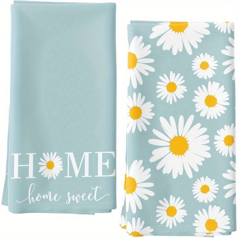 TEMU Modern Teal Daisy Floral Square Kitchen Towels Suitable For Farmhouse Decor, Hand Washable Dish Cloths With Non-embroidery Daisy Print, Towels