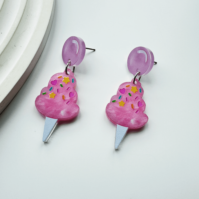 TEMU 2pcs Cute Pink Ice Cream Dangle Earrings - Acrylic Sprinkle Sweet Treat Drop Earrings For Women, Fun Summer Dessert Jewelry Gift