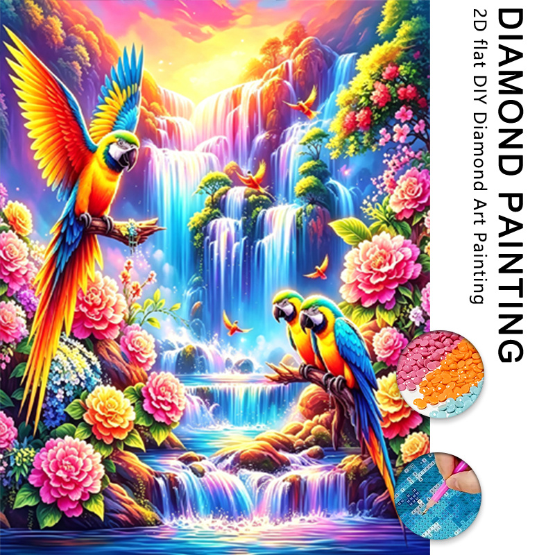 TEMU 1 Set Colorful Parrot Waterfall Landscape Diamond Painting Kit, Large Size Adult Set, Suitable For Beginners' Round Diamond Mosaic Craft, Kit,