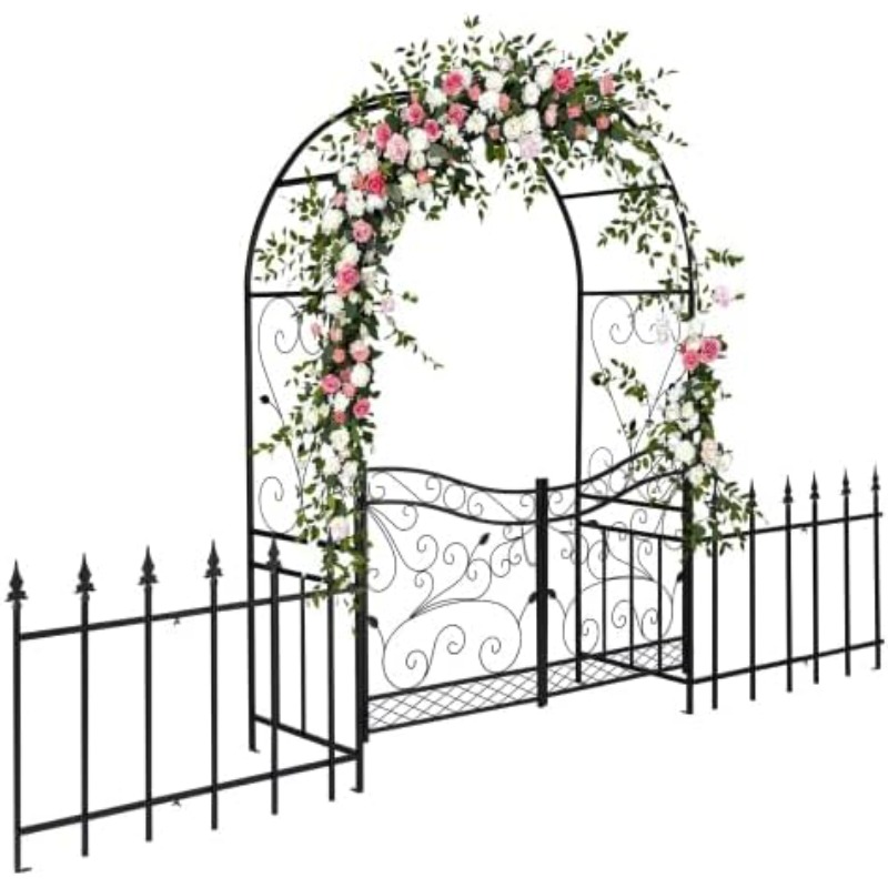 [3d] Bonnlo Garden Arch With Gate And Fence, Iron Arch For Climbing Plants And Roses, Garden For Weddings, Festivals And Outdoor Decorations, Black