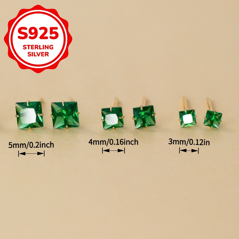 Women's S925 Sterling Silver Mini Green Square Earrings