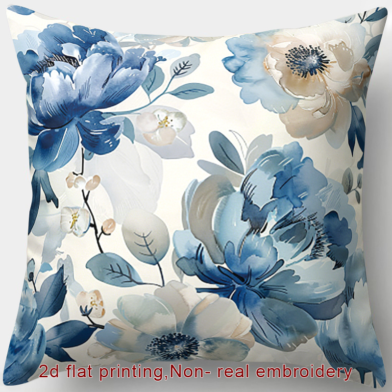 TEMU 2D - 1 pieza, Impresión 2D, de Cojín con Cremallera, Adecuada para Cojines Temáticos de , Flores Azules y Blancas, de Acuarela, Elegante y . Sin