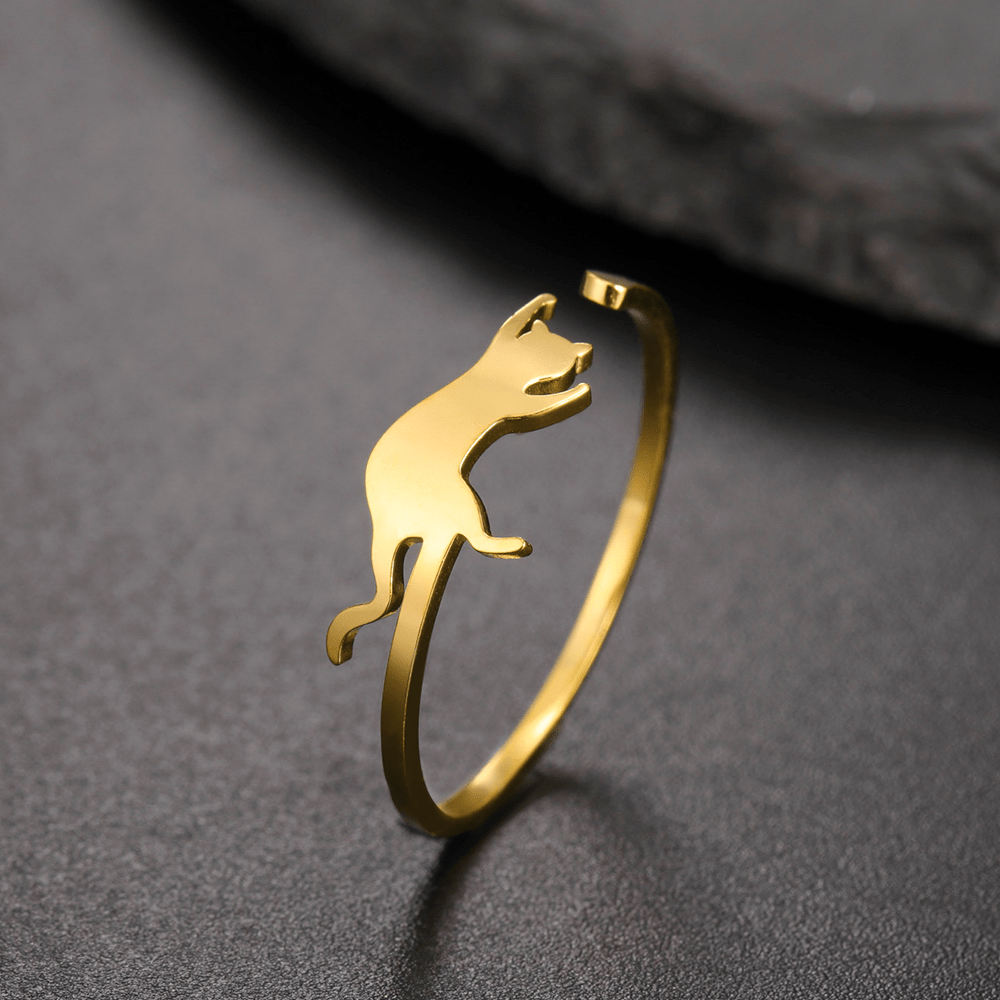 Cat Design Adjustable Stainless Steel Ring, Casual Style