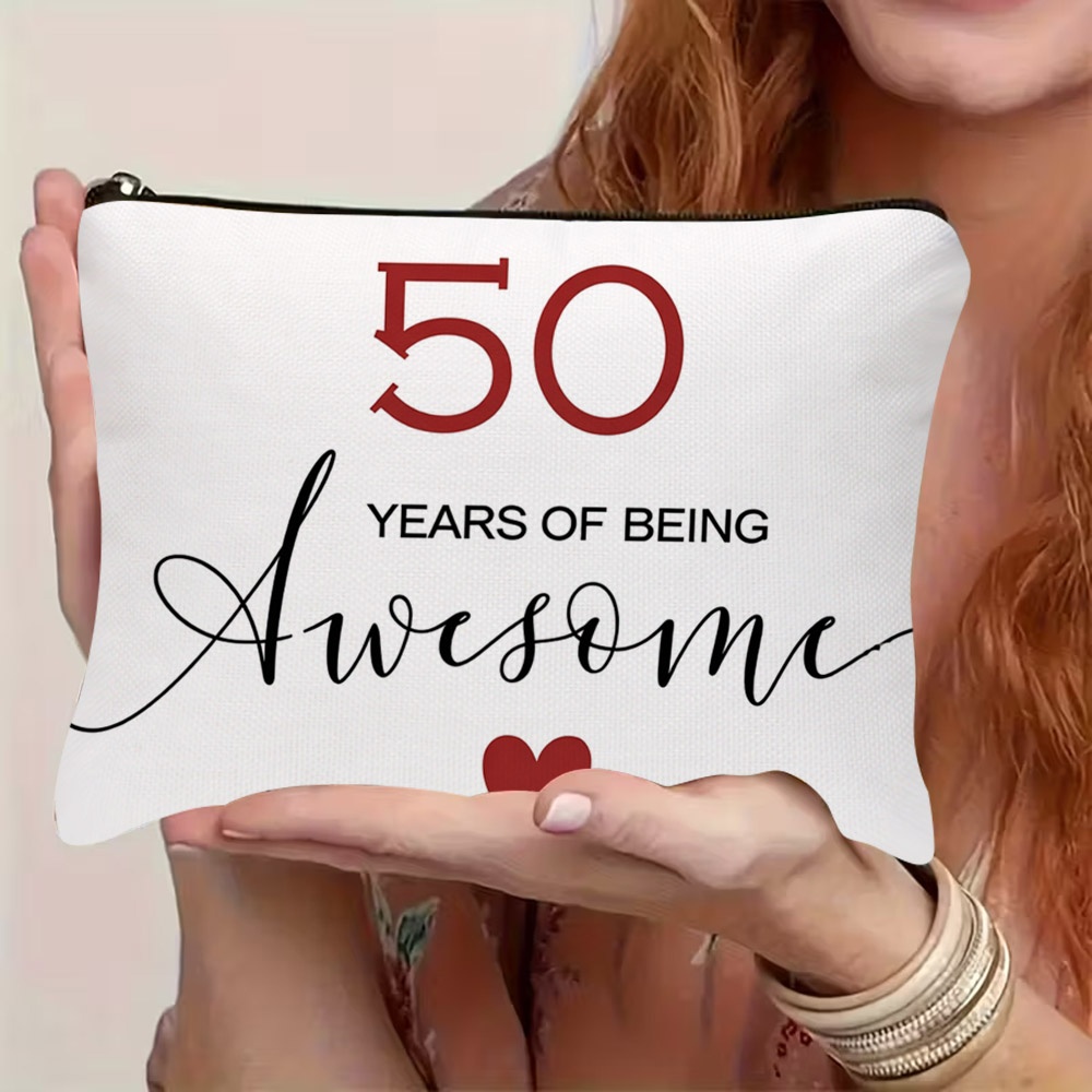 TEMU 1pc 50th Anniversary Cosmetic Bag For Women And Men - Commemorative Makeup Pouch With "50 Years Of Being Awesome" Design, Durable Polyester