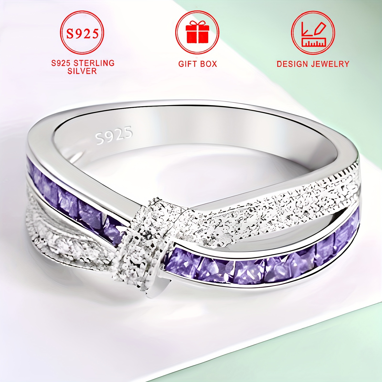 

925 Sterling Silver Color Shiny Zirconia Ring Inlaid Purple Zirconia Female Finger Ring Daily Party Holiday Gift Jewelry With Gift Box