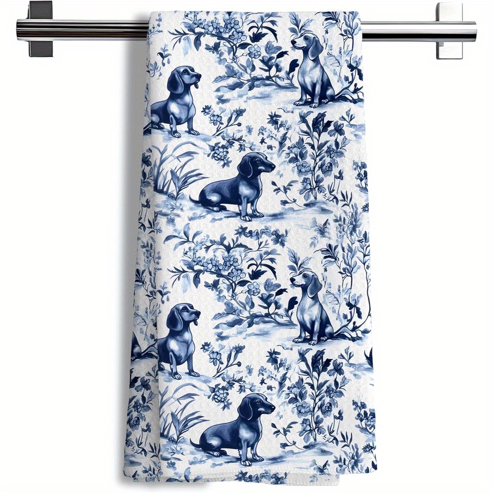 TEMU 2pcs Chinoiserie Dachshund Kitchen Towels, And White Floral Botanical Dachshund Decorative Dish Tea Towels, Hand Towels For Kitchen Bathroom, 16x24 Inch