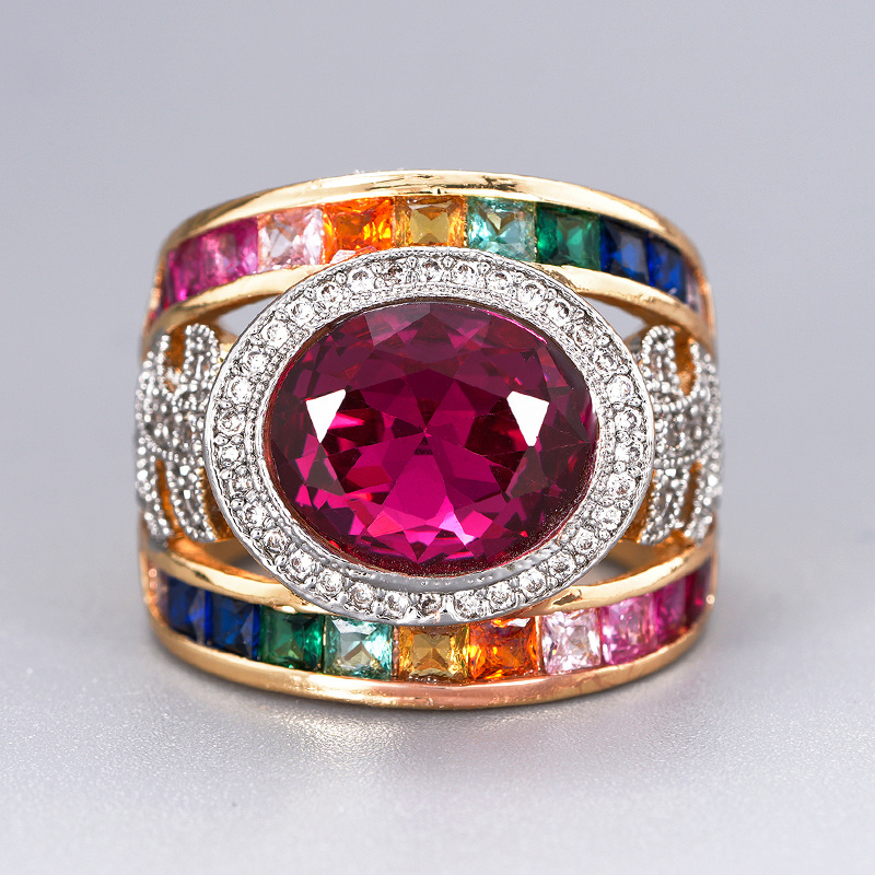 TEMU Luxury Inlay Colorful Zirconia Rings Exquisite Oval Wide Band Rings For Women Men Daily Banquet Holiday Anniversary Rings Temperament Jewelry