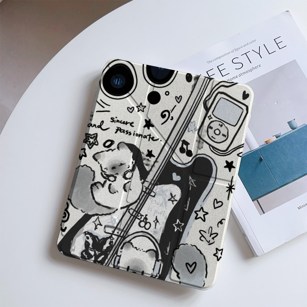 TEMU Tablet Case Cute Black White Bear Music Doodle Pattern For 2026 New For Ipad Pro 11 13 M4 M2 Air 11 13 M4 10.9 10th 9th Gen Mini 6 7 Cover With