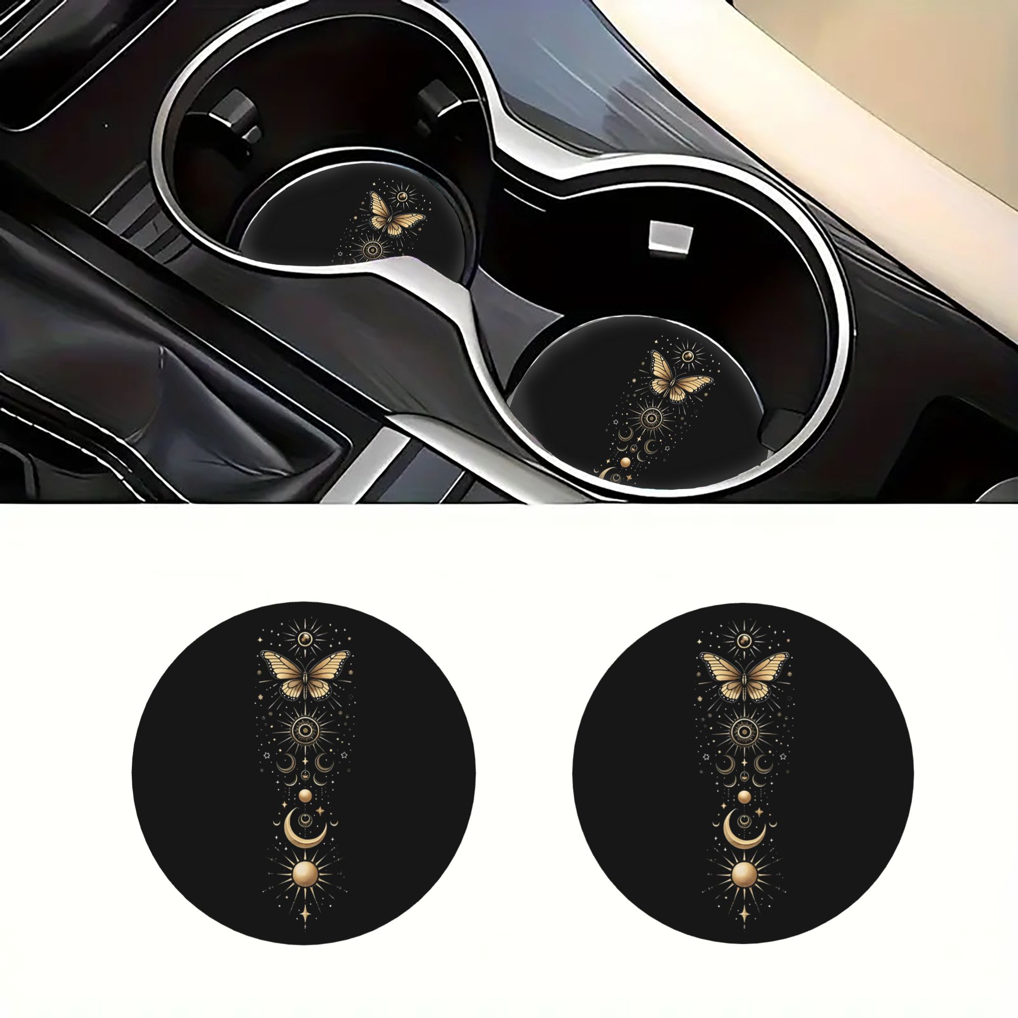 TEMU 2pcs Dessous de Verre Voiture Faciles à Poser avec Papillon Céleste Doré, Soleil, et Étoiles, Décoration Intérieure Antidérapante, Accessoires