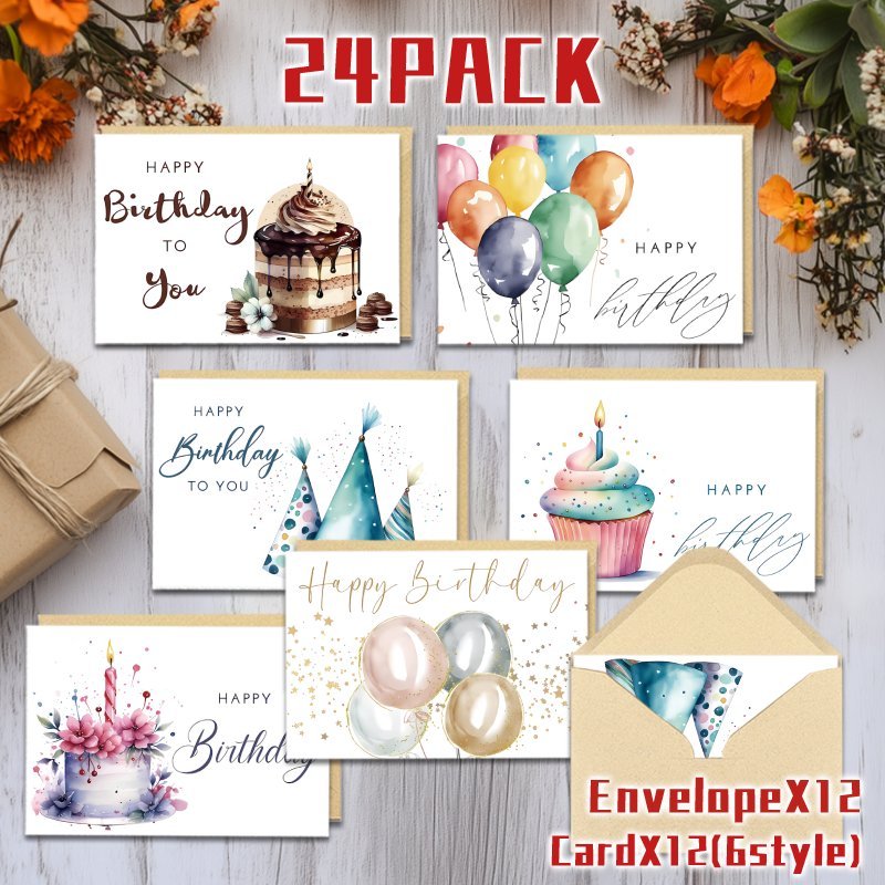 

24pcs Cartes de Vœux d'Anniversaire Élégantes à Floraux avec Enveloppes - Designs de Gâteaux & Ballons , Parfaits pour , , les Collègues | Cartes d' Assorties avec le Message " Anniversaire à Toi