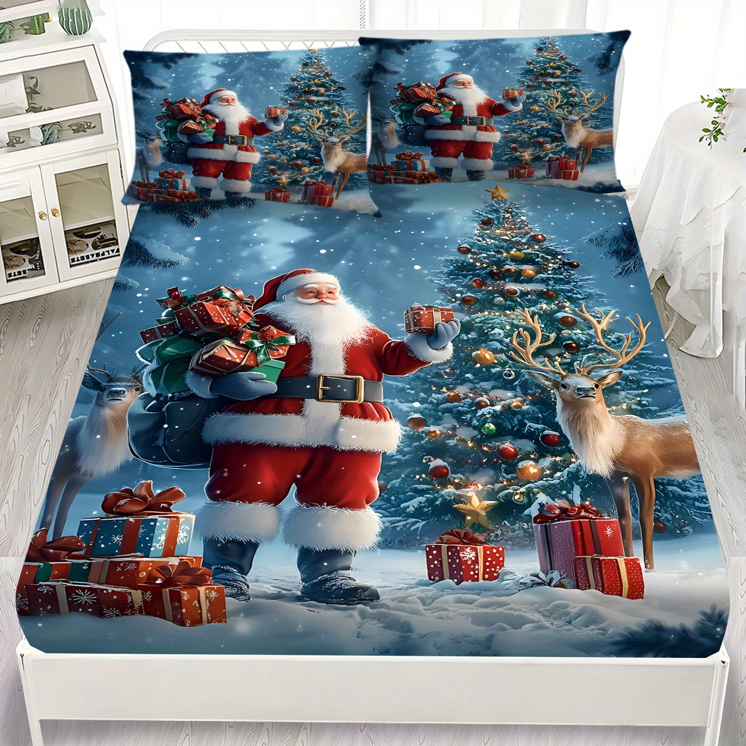 TEMU Mokalala 2/3pcs Design Fitted Sheet Set, Including 1 Fitted Sheet And 1 Pillowcases, Featuring A Snowy , Perfect For Christmas Gifts, A Merry