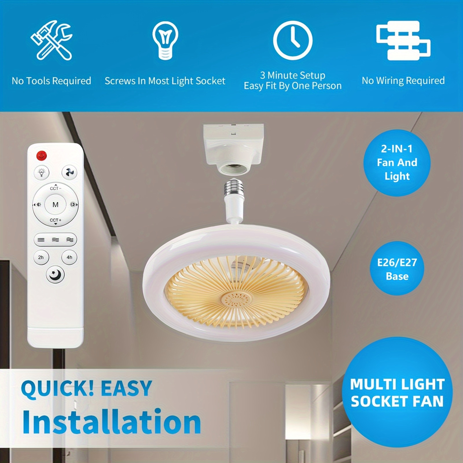 26cm modern fan light with remote - enclosed low , , strong swimming-like wind, 3-speed fan & dimmable led lighting (white/warm/cool daylight), timer function, e26/e27 base - hardwired for bathroom, bedroom, kitchen - voltage 85-265v, bedroom cooling, contemporary fixture, motor, interior designers Product details 4