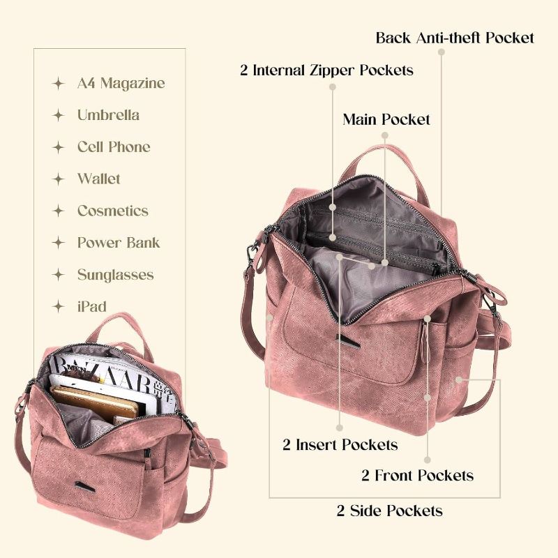 women s high quality backpack purse - small crossbody backpack handbag with detachable strap, golden-tone hardware, zipper closure compartments - dark brown/pink/other colors   - non-woven fabric for everyday, travel, work, school - elegant & functional women s bag, bag for women, bags for women high quality, crossbody bags for women, shoulder bag for women, sling bag for women, handbags for women, bags for women Product details 2