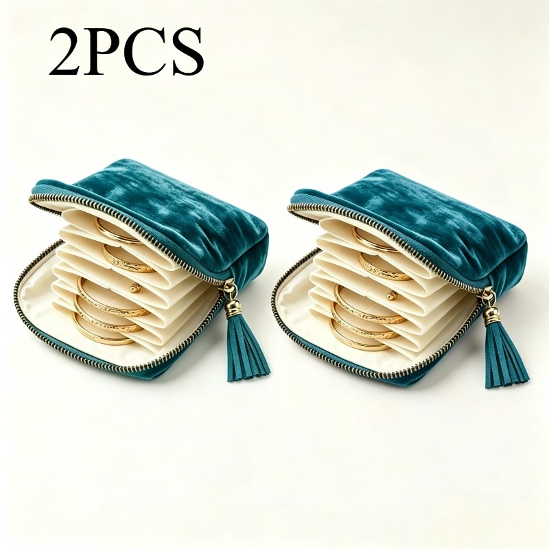 TEMU 2pcs Pochette de voyage en velours pour bijoux, sac de rangement portable à fermeture éclair anti-poussière pour bagues, boucles d'oreilles,
