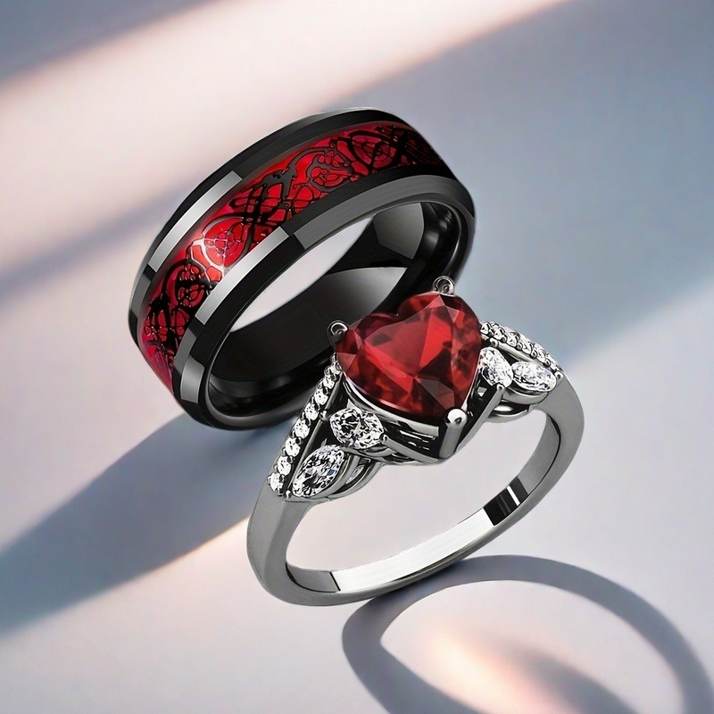 

2pcs Stainless -shaped Couple Rings Set, Romantic Engagement Wedding Band, Synthetic Zirconia, Gift For Valentine's Day, Jewelry