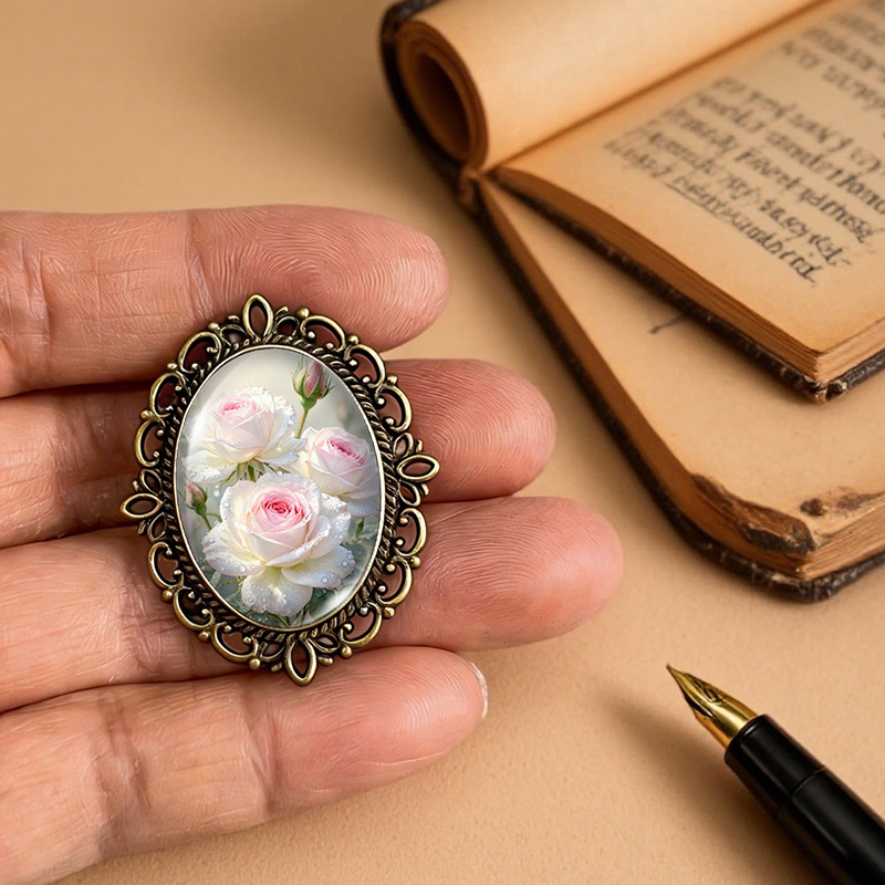 Pink White Rose Blooms Oval Lace-Edged Glass Brooch