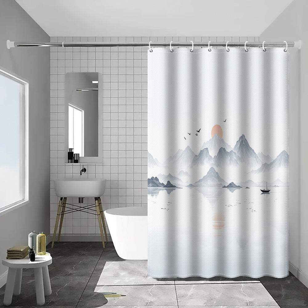 TEMU 1pc Chinese Style Ink Wash Landscape Sunset Birds And Boat Print Shower Curtain, Minimalist Art Bathroom Home Decor With Plastic Hooks, Suitable