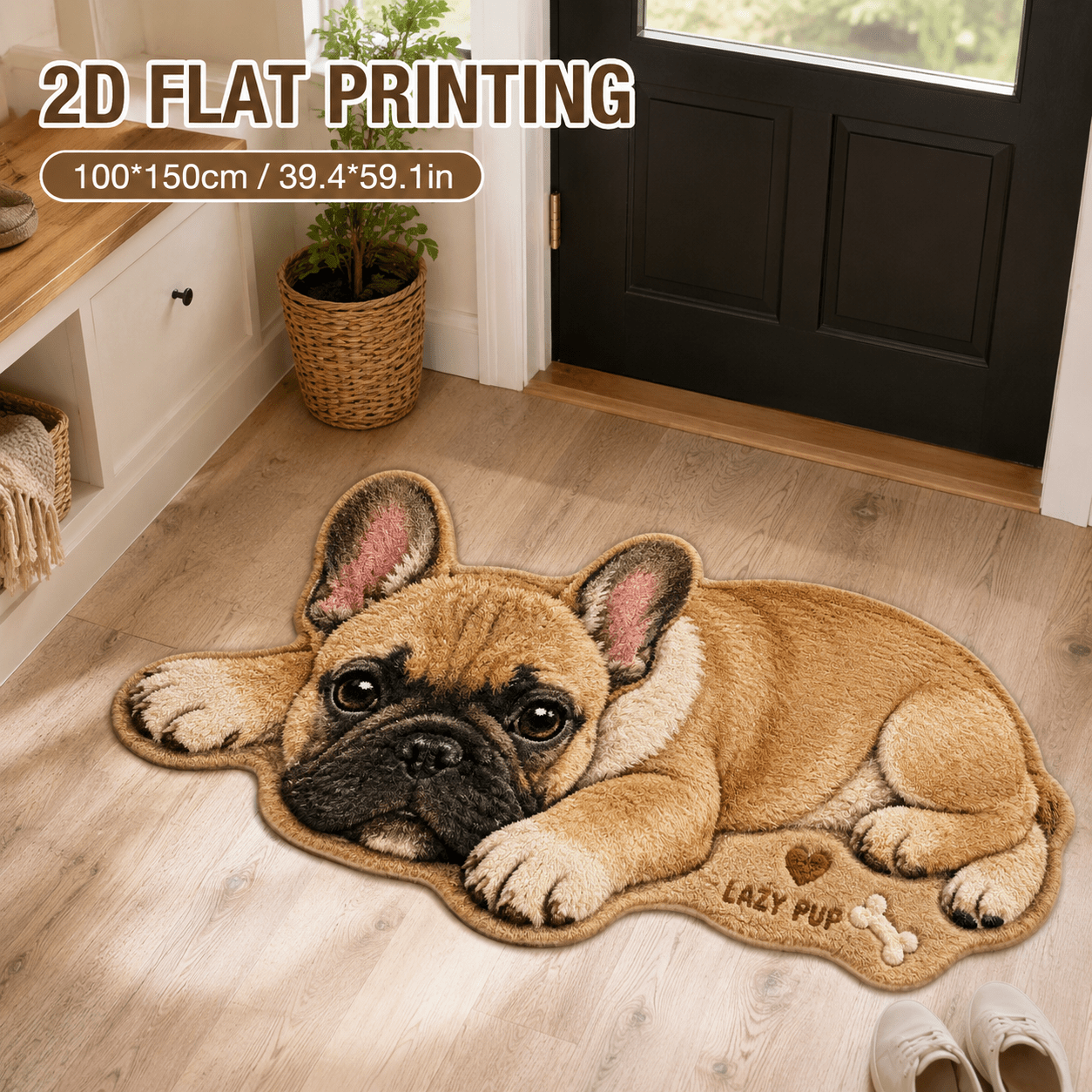 TEMU 1pc 850gsm 7mm Thick Velvet 2d Flat Printed French Bulldog Shaped Rug Non-slip Cute Dog Area Mat Machine Washable For Bedroom Bathroom Living