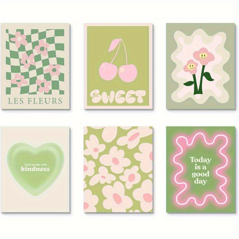 TEMU 6pcs Pastel Wall Art Posters - Boho-chic Frameless Prints With Uplifting Phrases & Floral Cherry Blossoms, Soft Aesthetic For Teen Room Decor,