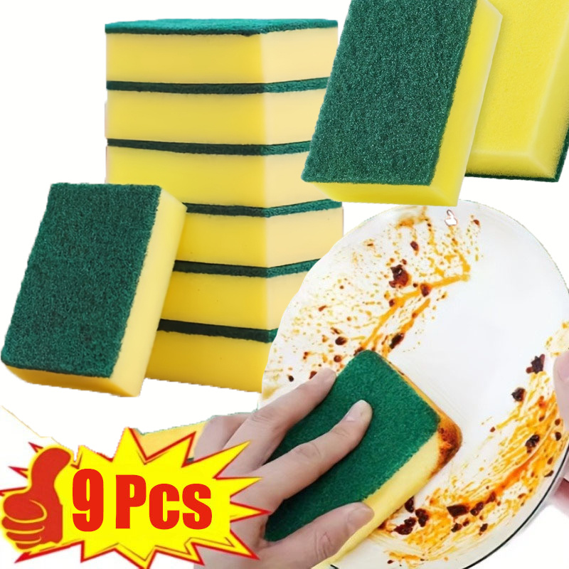 TEMU 9pcs Set Of Heavy-duty Durable Scouring Sponges, Double-sided Kitchen Cleaning Sponges, Scratch-resistant Dishwashing Sponges, Containing Soft