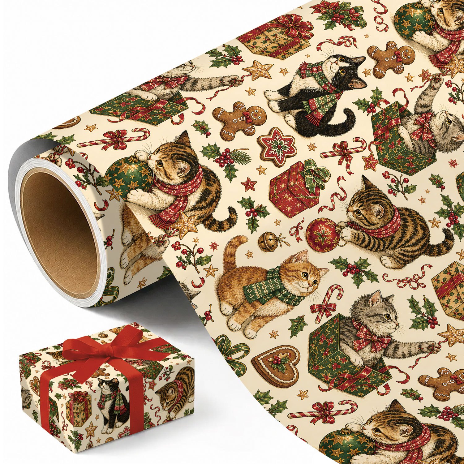 TEMU 1 Rollo de Papel de Regalo Navideño Vintage - Diseño de , y Gato Navideño, Diseños para las Fiestas - Medidas 45Cm X 300Cm (17.7In X 118In)